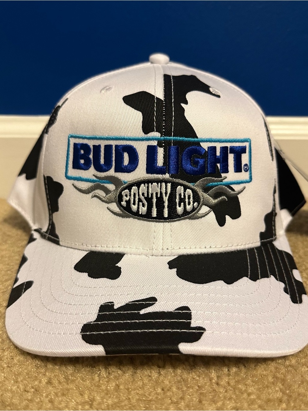 Post Malone x Bud Light Cow Print White Posty Co. Snapback Hat Cap Embroidered